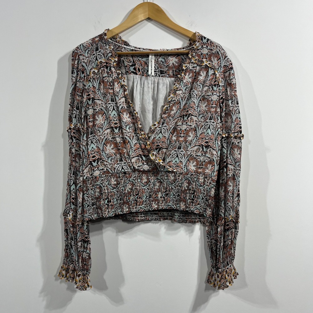 Anthropologie Babydoll Smocked Romantic Ruffle Top Boho Womens Large Feminine - Picture 2 of 13
